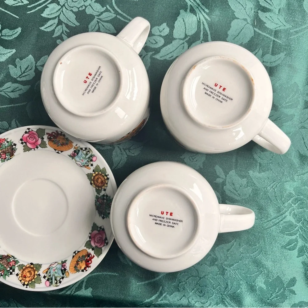 Vintage UTE Tea 3 Cups & 4 Plates Charming Hats & Florals in Engelbreit-style